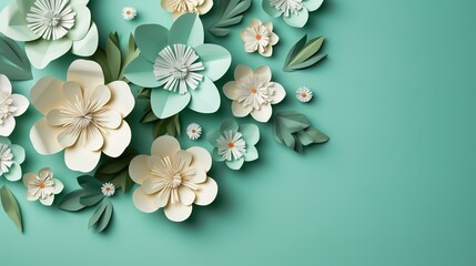 Paper flowers arranged in a circle on a pastel green background