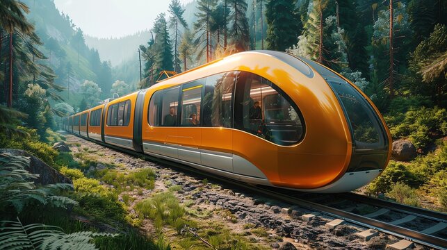 Advanced electric train powered by renewable energy, sleek design, traveling through scenic landscape