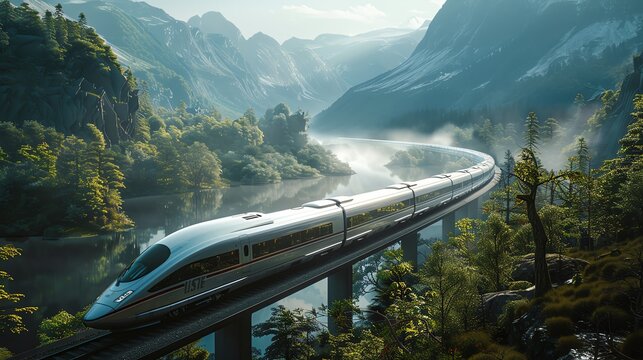 Advanced electric train powered by renewable energy, sleek design, traveling through scenic landscape