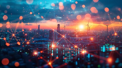 Concept of a renewable energy-powered data center, with solar panels and wind turbines, high-tech feel