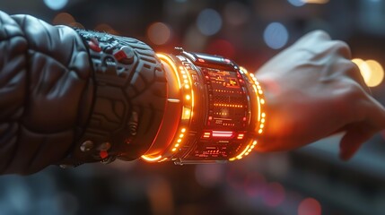 Concept of a solar-powered wearable technology, with futuristic interface, eco-friendly materials