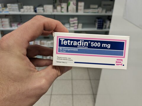 Prague,Czech republic-June 17 2024: Tetradin box of medication with Disulfiram active substance by Pfizer, used for treatment of alcoholism
