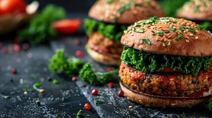 Three hamburgers with lettuce and tomato on top. The hamburgers are on a black table