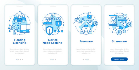 Software distribution models blue onboarding mobile app screen. Walkthrough 4 steps editable graphic instructions with linear concepts. UI, UX, GUI template. Montserrat SemiBold, Regular fonts used