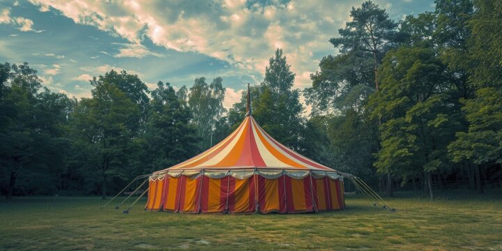 A large circus tent is set up in a grassy field. The tent is orange and white, and it is surrounded by trees. The scene is peaceful and serene