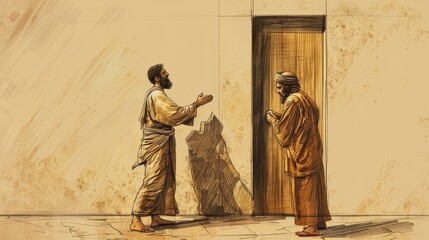 Fototapeta premium The Parable of the Persistent Friend: Man Persistently Knocking on Friend’s Door, Biblical Illustration, Beige Background, Copyspace for Inspirational Messages
