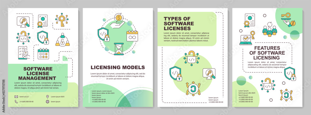 Wall mural Software licenses models green circle brochure template. Leaflet design with linear icons. Editable 4 vector layouts for presentation, annual reports. Arial-Bold, Myriad Pro-Regular fonts used