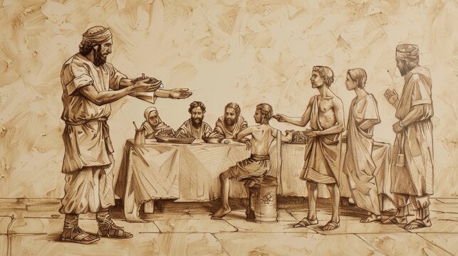 Biblical Illustration of the Parable of the Great Banquet: Man Inviting the Marginalized to His Feast, Beige Background, Copyspace