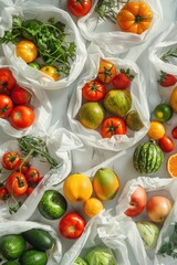 A bunch of fruits and vegetables are in plastic bags