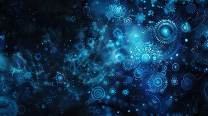 Blue hologram illustration design with cog gear advanced technology artificial intelligence background.