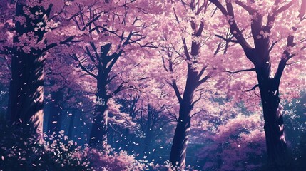 Fototapeta premium A forest with pink trees and pink leaves. The forest is peaceful and serene
