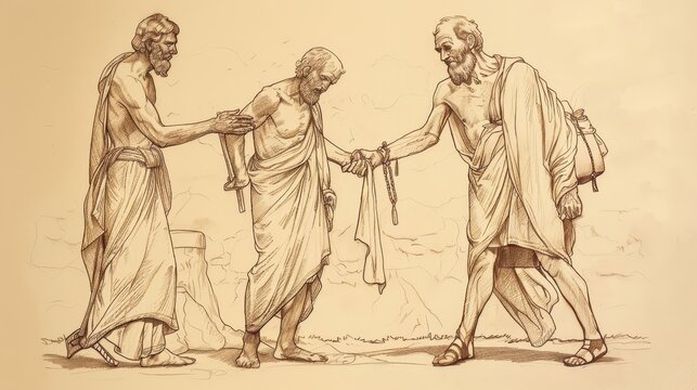 Biblical Illustration of the Parable of the Good Samaritan: Samaritan Caring for Injured Man, Beige Background, Copyspace