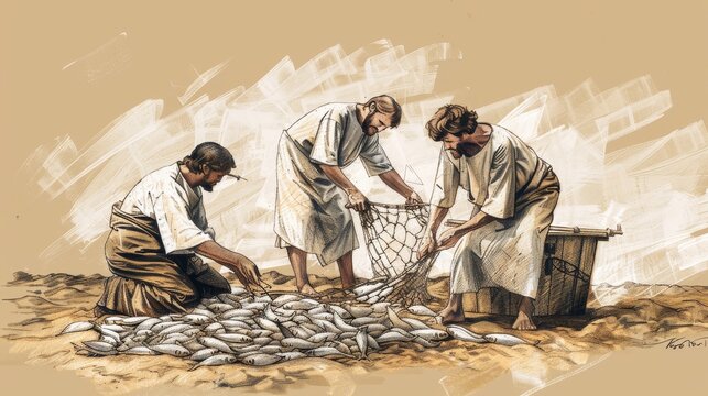 Biblical Illustration of the Parable of the Net: Fishermen Sorting Fish on Shore, Beige Background, Copyspace