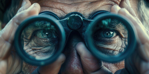 A person looking through a pair of binoculars, great for use in articles about observation, wildlife, or nature
