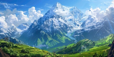 Obraz premium Mountain landscape with snow-capped peaks. Panorama