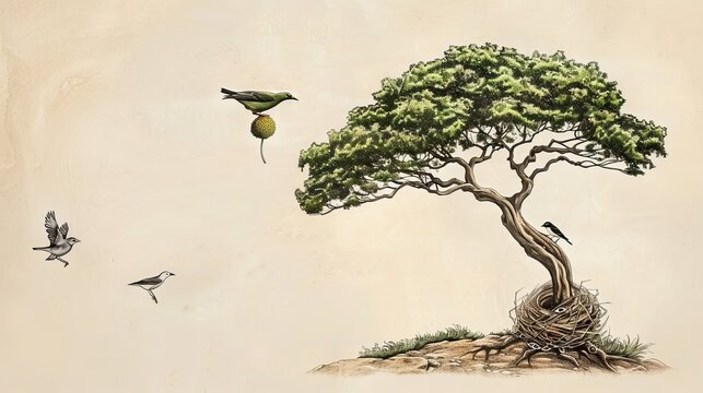 The Parable of the Mustard Seed: Seed Growing into Large Tree, Biblical Illustration, Beige Background, Copyspace for Inspirational Messages