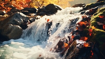 A waterfall flows over rocks in a serene forest setting