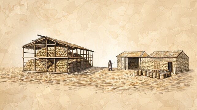 Biblical Illustration of the Parable of the Rich Fool, Building Bigger Barns on Beige Background with Copyspace