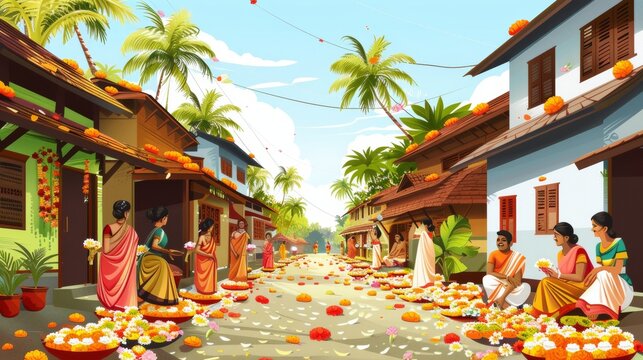 Cartoon vector community members decorating their homes and streets with Onam themes Generative AI