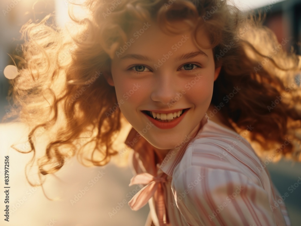 Wall mural A happy young girl with curly hair looking directly at the camera, perfect for family or personal use