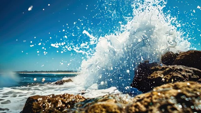 Waves crash against rocks under bright, clear sky