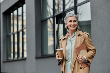 Stylish woman in trench coat enjoying coffee.