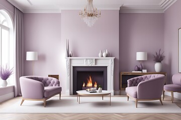 Fototapeta premium Luxury American Style Lounge Room with Mauve Chairs and Large Fireplace - Cozy Living Room Design