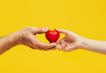 Adult and child hands holding a red heart on an aqua background symbolize heart health, donation, corporate social responsibility, World Heart Day, World Health Day, and Family Day.
