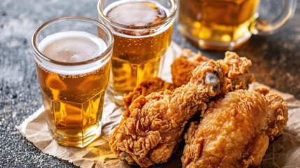 A table with two glasses of beer and fried chicken, perfect for a casual dinner or game night