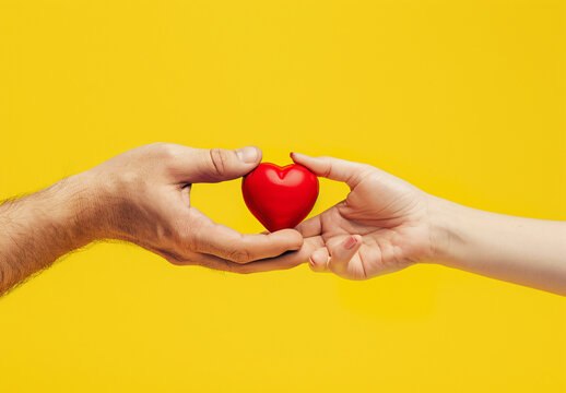 Adult and child hands holding a red heart on an aqua background symbolize heart health, donation, corporate social responsibility, World Heart Day, World Health Day, and Family Day.
 - Powered by Adobe