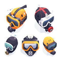 Five colorful ski helmets featuring attached goggles displayed against isolated white background. Snowsport equipment includes various designs suitable winter activities. Helmets portray different
