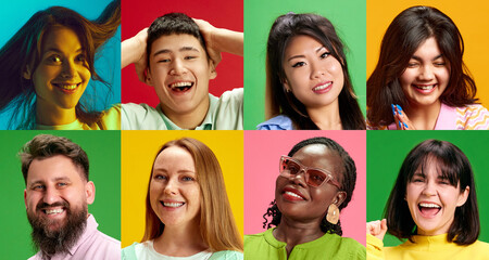 Collage of group of smiling people together symbolizing connection contacting multiracial society...