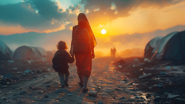 Middle-eastern muslim migrant tribal mother and child are fleeing war to refugee camps on the border