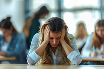 Obraz premium Woman sitting at a desk in an office, holding her head in frustration and stress. Other colleagues are seen working in the background