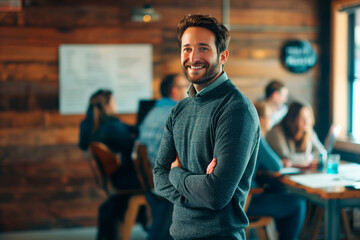 Fototapeta premium Confident young man in grey sweater standing with arms crossed in a cozy office with colleagues in the background. Team leadership and collaboration concept for business design