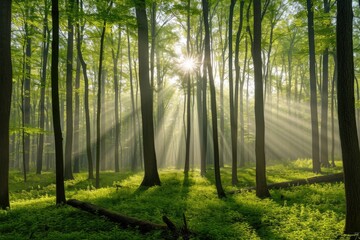 Obraz premium A serene scene of sunlight passing through tree leaves in a forest setting, perfect for use in nature-inspired designs or as a symbol of hope and renewal