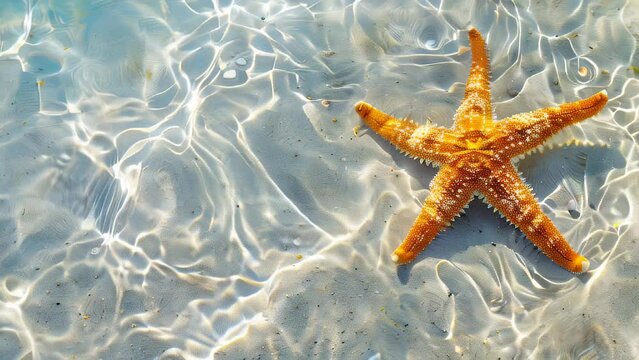 Orange starfish on clear shallow water, sand ripples underneath