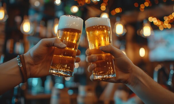 clinking glasses with beer at bar or pub, Generative AI - Powered by Adobe