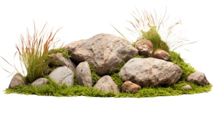 Rock and grass composition landscape isolated on transparent background.