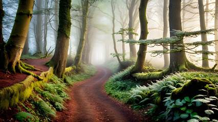 Enchanted Forest Path - A mystical path through an ancient forest, enveloped in morning mist, ideal for fairy tale and mystery themes,Generative AI