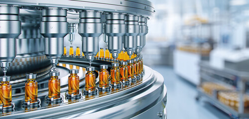 Drug manufacturing process.  Conveyor with medical ampoules line at a modern pharmaceutical plant. Pharmacology production, medicine industry from laboratory 2 factory, pharmacy. Healthcare, pharma 3D