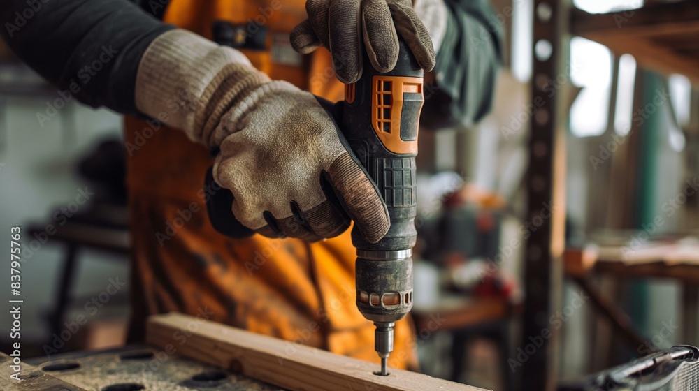 Wall mural Close-Up of Carpenter's Hand in Glove Using Electric Drill in Workshop