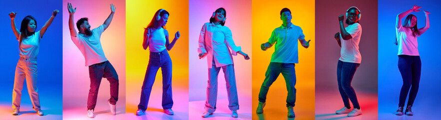 Collage. Overjoyed young people, men and woman different races dancing in neon light against...