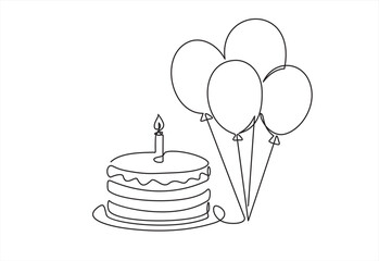 Continuous line drawing of birthday cake and balloons. Cake with sweet cream and a candle. Birthday celebration concept isolated on white background. Hand drawn design vector illustration