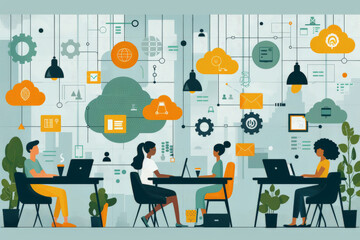 Business automation and remote work with Design a detailed vector illustration of a startup team efficiently utilizing business automation tools while working remotely, with laptops, cloud icons,