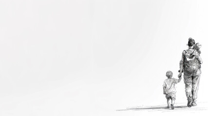 Pencil sketch art of A mother walk with her child outdoor activity