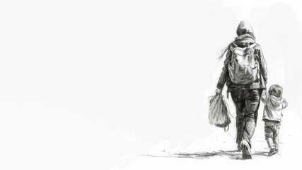 Pencil sketch art of A mother walk with her child outdoor activity