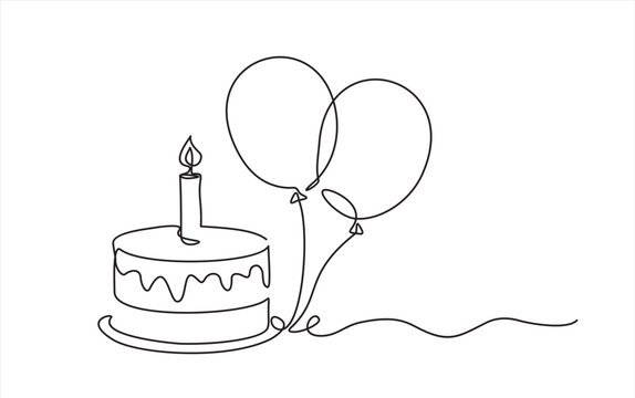 recommend clip art: Continuous line drawing of birthday cake and balloons. Cake with sweet cream and a candle. Birthday celebration concept isolated on white background. Hand drawn design vector illustration