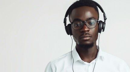 Focused Businessman Wearing Headphones and Glasses in White Shirt Against White Background