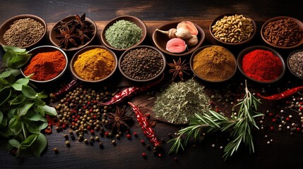 Panorama spices and herbs for food labels. Seasonings and flavors background